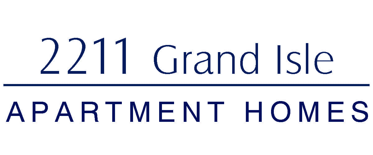 Logo for "2211 Grand Isle Apartment Homes" in navy blue serif and sans-serif fonts. The top line reads "2211 Grand Isle" with a horizontal line beneath it, followed by "Apartment Homes" in all capital letters.